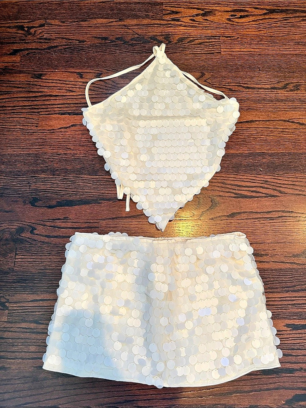 Sequin Crop Top & Mini Skirt Set in White